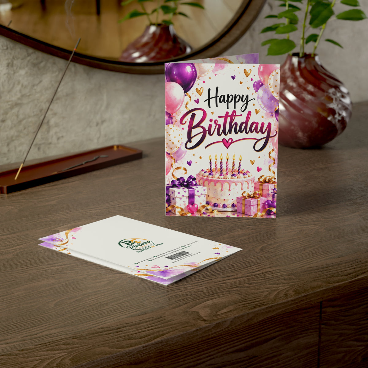 Happy Birthday Greeting Card with Balloons, Cake & Gifts