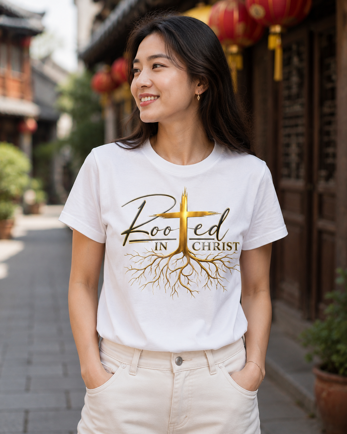 Rooted in Christ – Christian Faith Cross & Roots Unisex T-Shirt for Men and Women