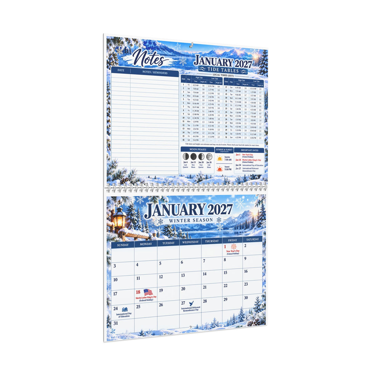 Northern Hemisphere 2027 Wall Calendar — Seasonal Scenery, Notes & Tide Tables