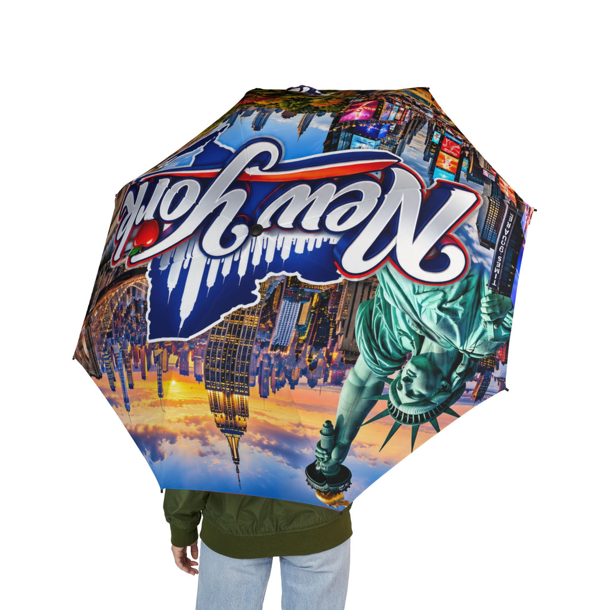 New York City Foldable Umbrella — Semi-Automatic Travel Umbrella with Statue of Liberty Design