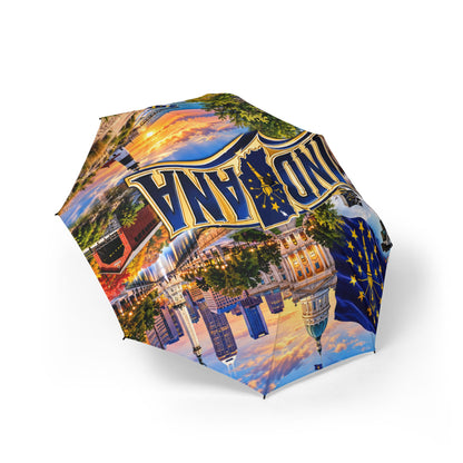 Indiana Skyline Foldable Umbrella — Semi-Automatic Travel Umbrella with State Seal and Cityscape Print