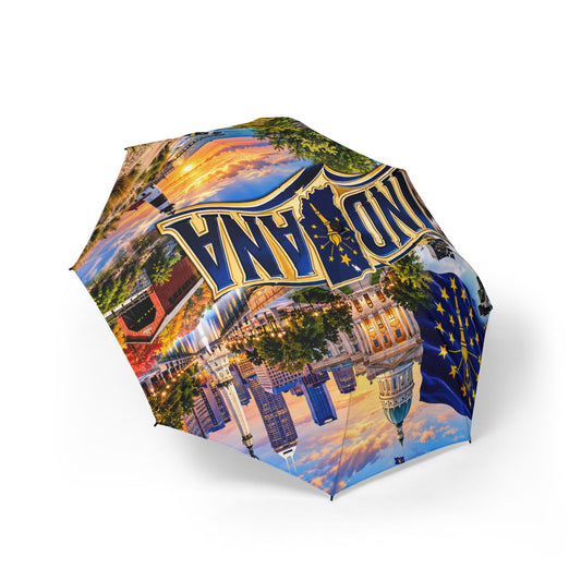 Indiana Skyline Foldable Umbrella — Semi-Automatic Travel Umbrella with State Seal and Cityscape Print