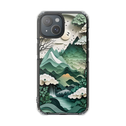 Emerald Mountain Serenity | 3D Paper-Cut Nature MagSafe® Impact Case for iPhone 14, 15, 16 & 17
