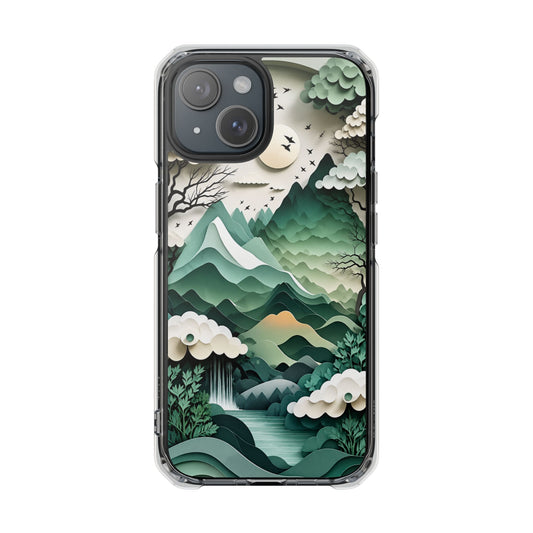 Emerald Mountain Serenity | 3D Paper-Cut Nature MagSafe® Impact Case for iPhone 14, 15, 16 & 17