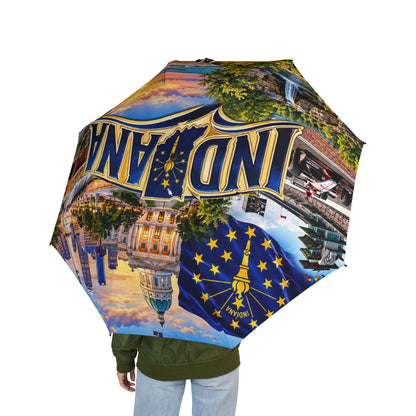 Indiana Skyline Foldable Umbrella — Semi-Automatic Travel Umbrella with State Seal and Cityscape Print