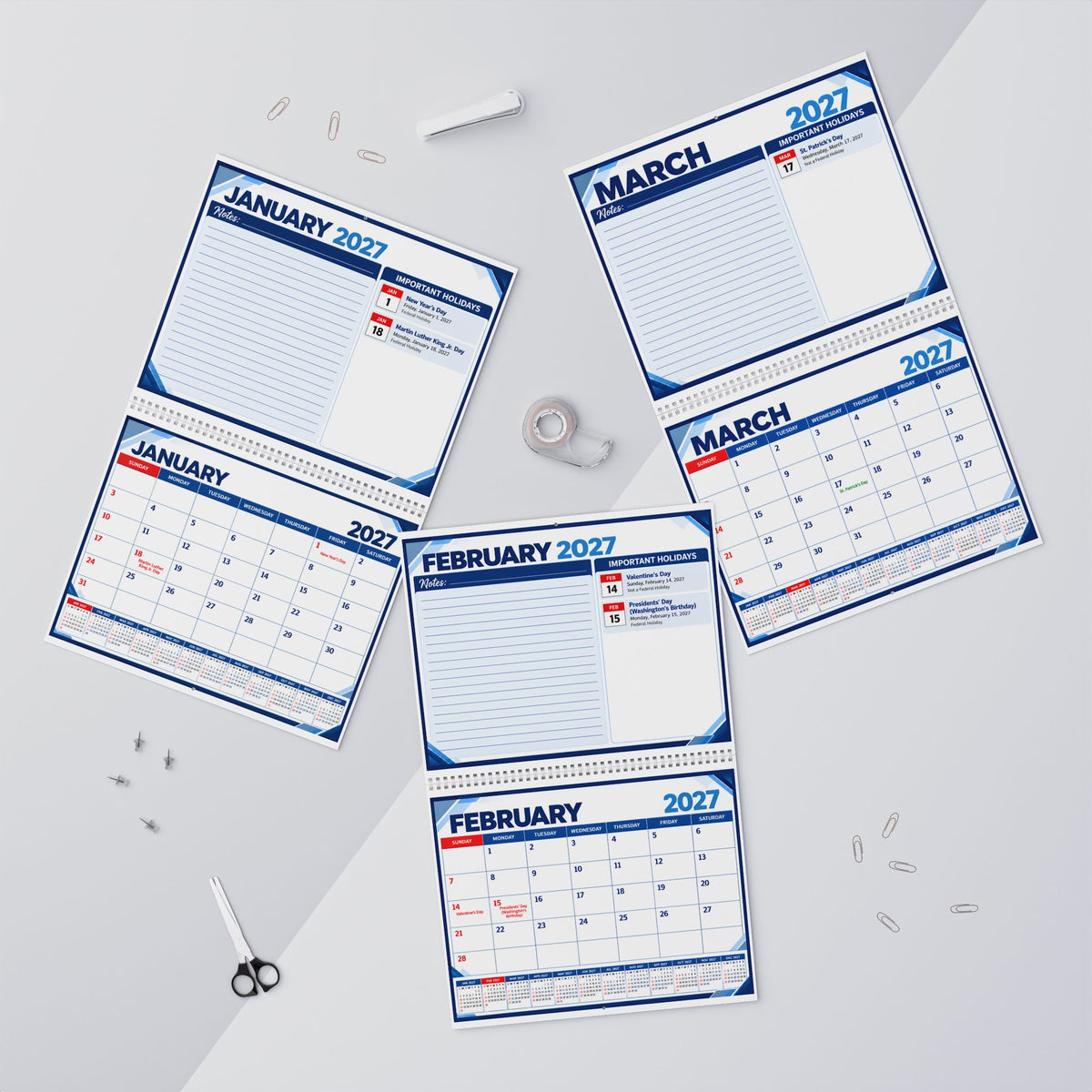 2027 Wall Calendar with Monthly Planner and Important Holidays