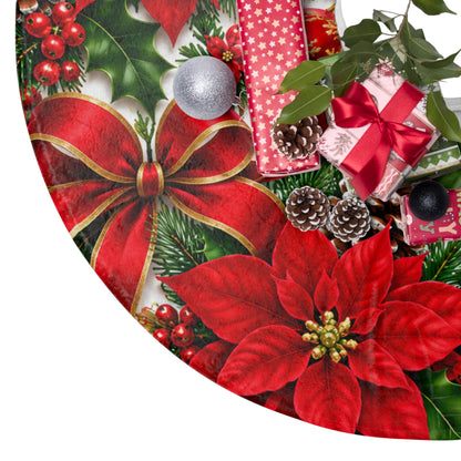 Christmas Tree Skirt – Red Poinsettias, Bells & Holiday Ornaments