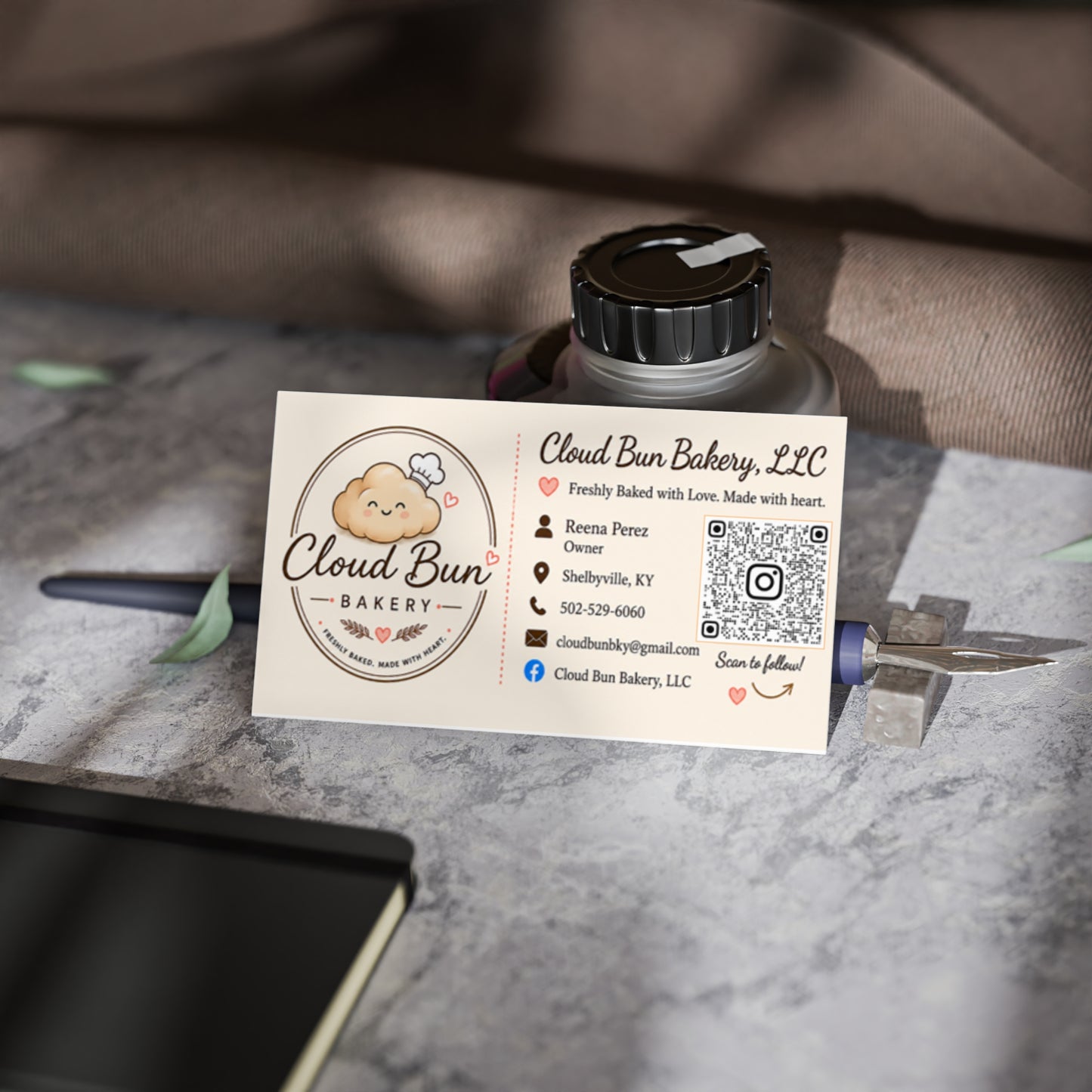 Bakery Business Cards — Cloud Bun Bakery Logo Card with QR Code