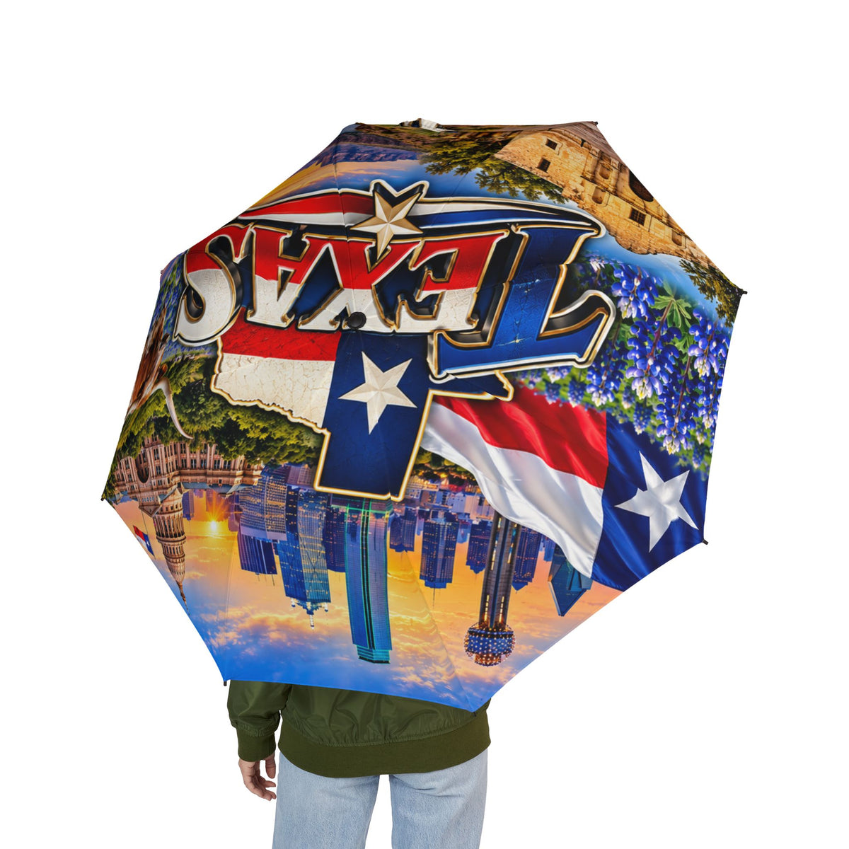 Texas Skyline Foldable Umbrella — Lone Star State Collage