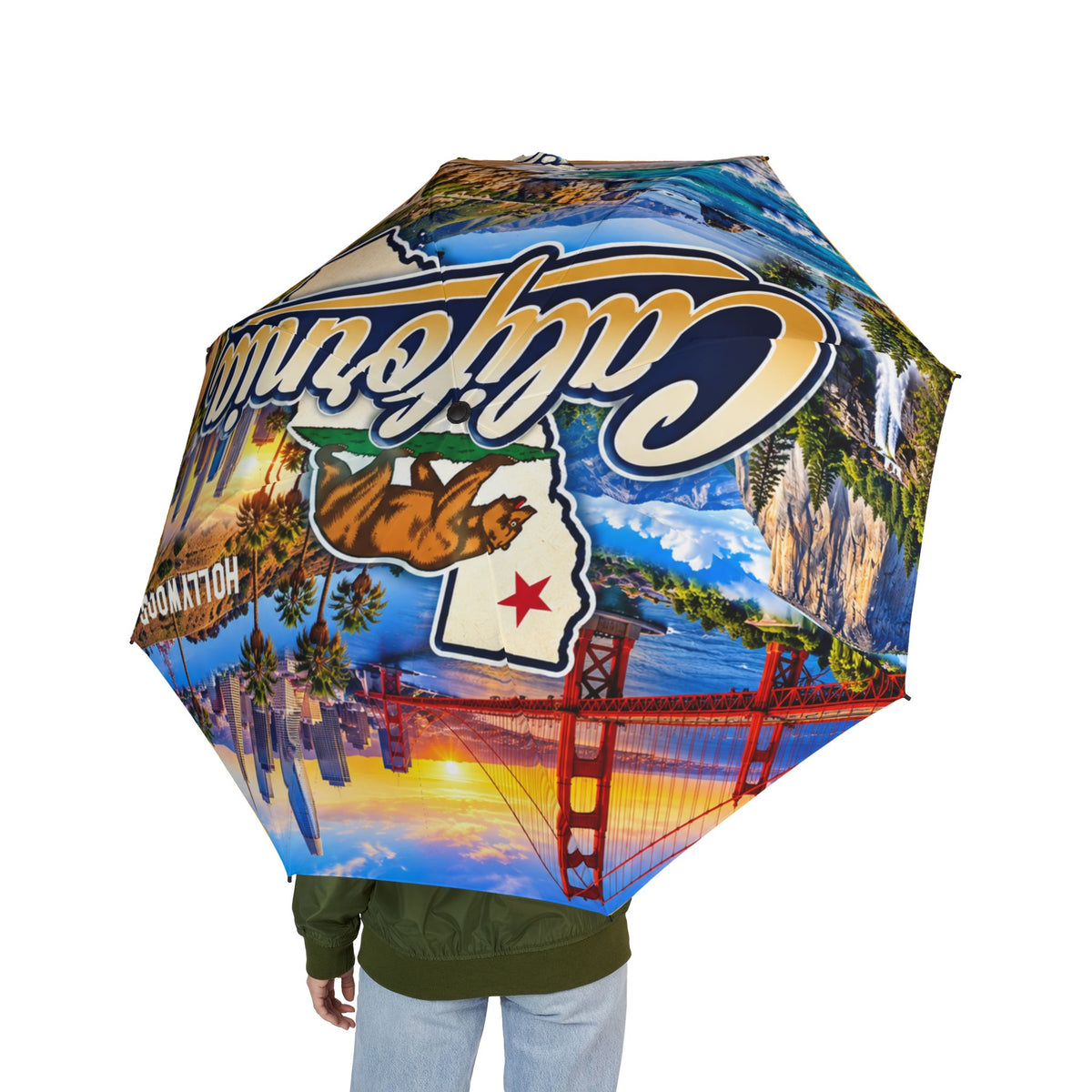 California Foldable Umbrella - Scenic Golden Gate & Palm Beach Sunset Print
