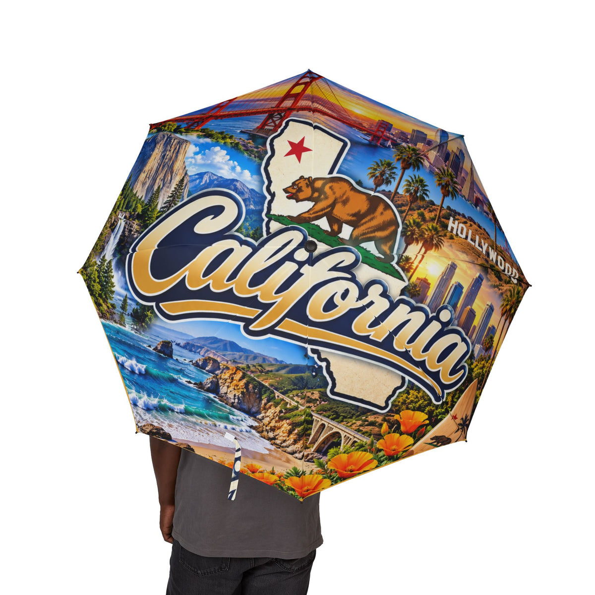California Foldable Umbrella - Scenic Golden Gate & Palm Beach Sunset Print