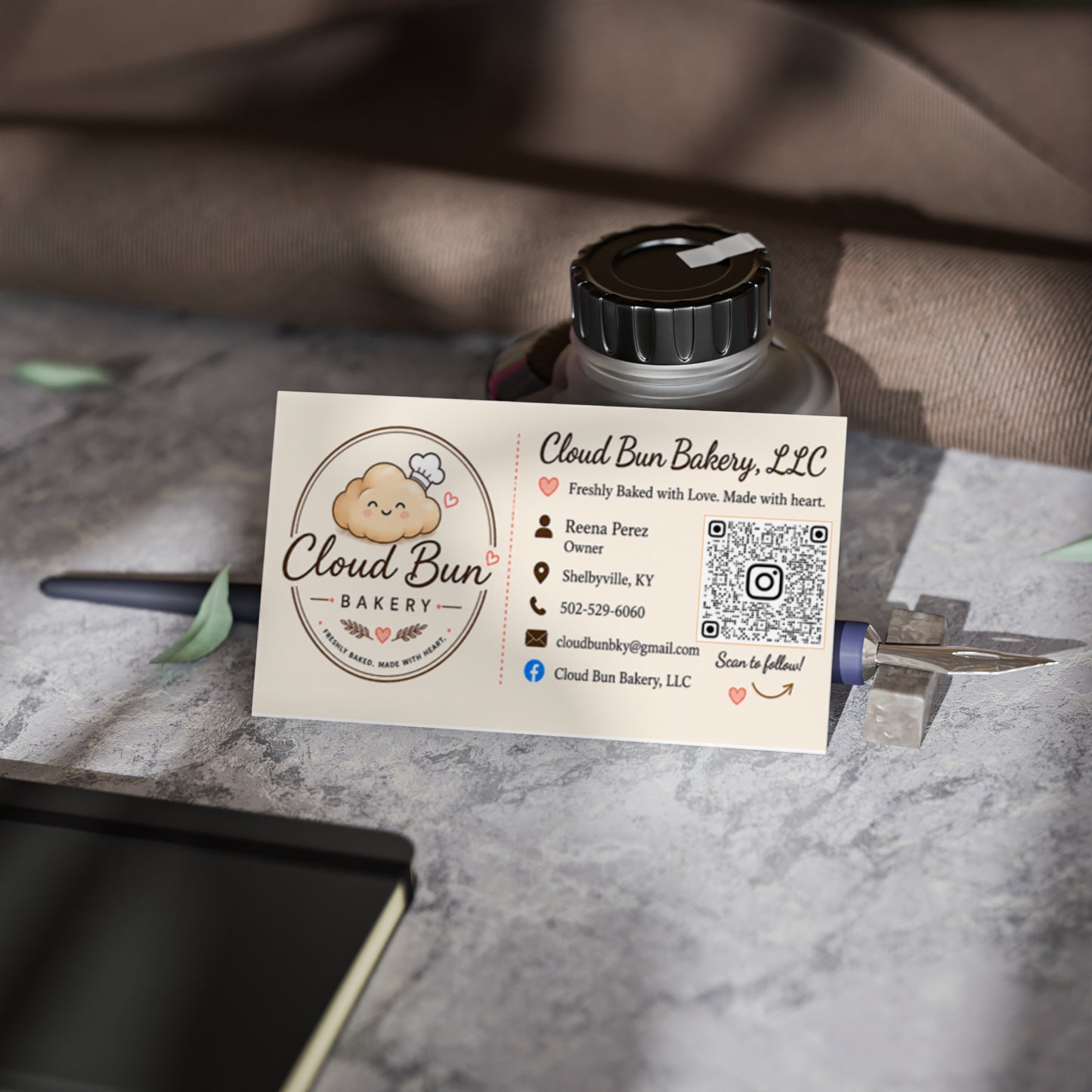 Bakery Business Cards — Cloud Bun Bakery Logo Card with QR Code