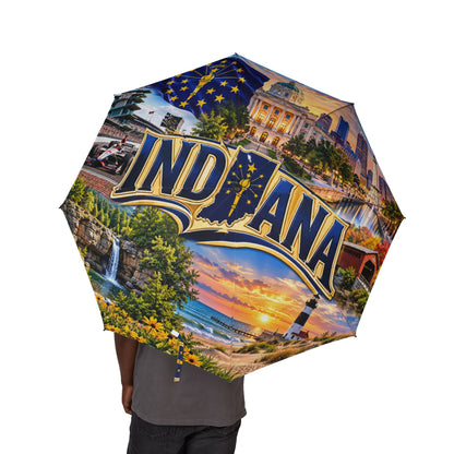 Indiana Skyline Foldable Umbrella — Semi-Automatic Travel Umbrella with State Seal and Cityscape Print