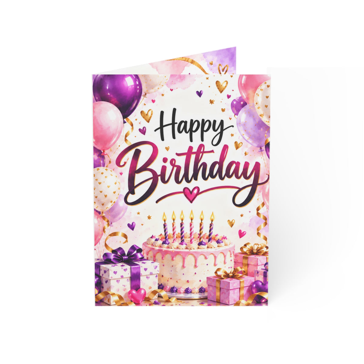 Happy Birthday Greeting Card with Balloons, Cake & Gifts