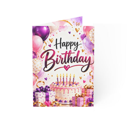 Happy Birthday Greeting Card with Balloons, Cake & Gifts