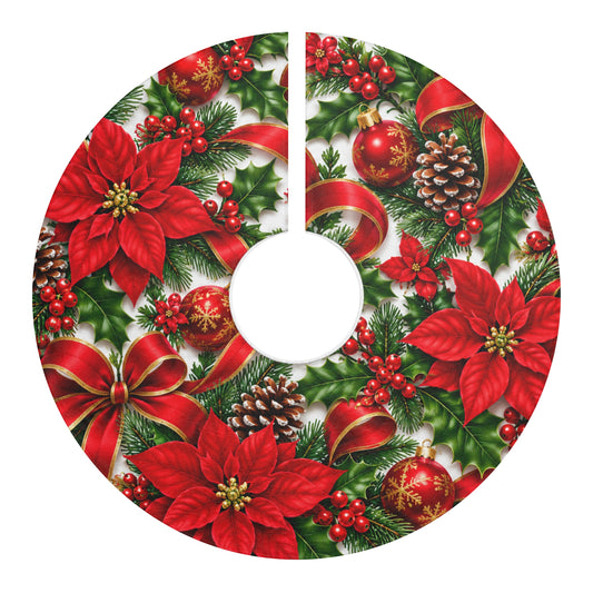 Christmas Tree Skirt – Red Poinsettias, Bells & Holiday Ornaments