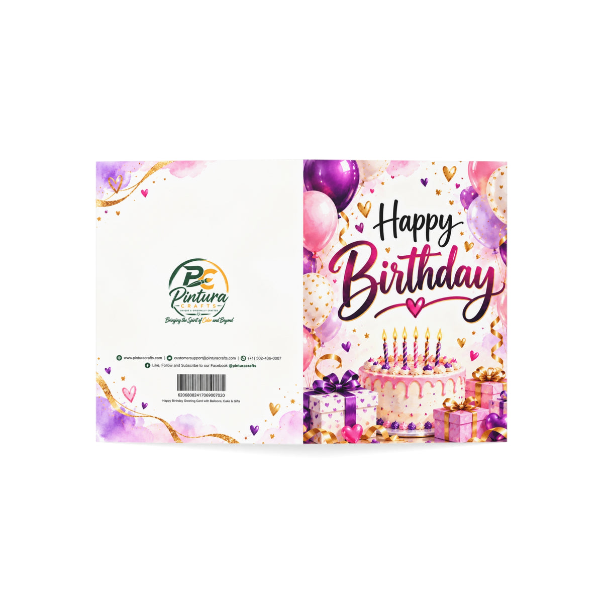 Happy Birthday Greeting Card with Balloons, Cake & Gifts