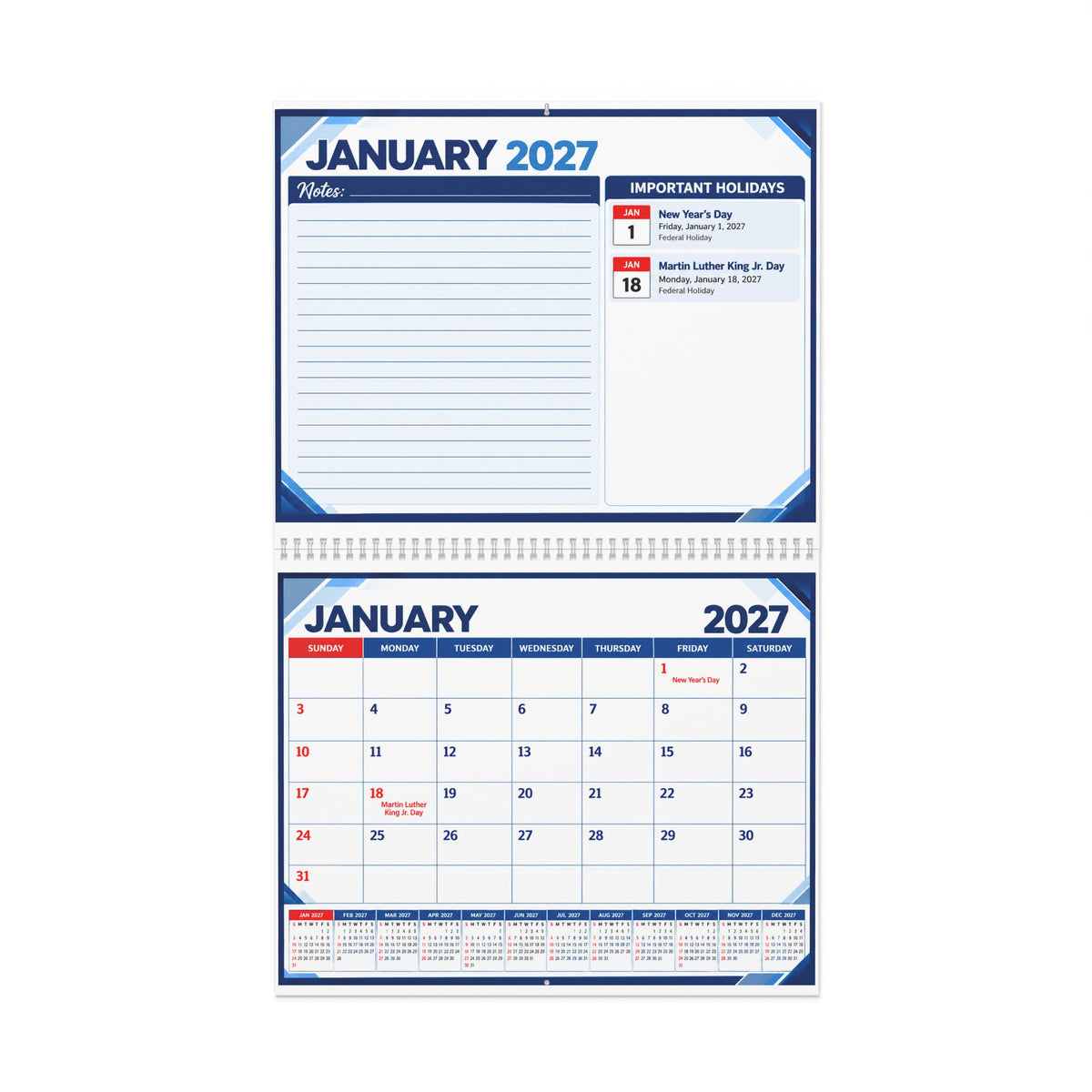 2027 Wall Calendar with Monthly Planner and Important Holidays