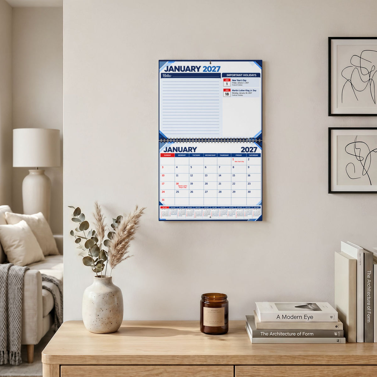 2027 Wall Calendar with Monthly Planner and Important Holidays