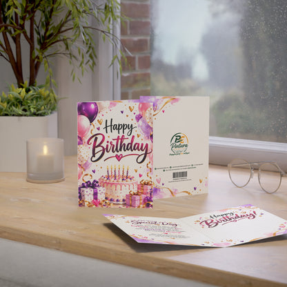 Happy Birthday Greeting Card with Balloons, Cake & Gifts