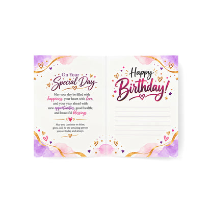Happy Birthday Greeting Card with Balloons, Cake & Gifts
