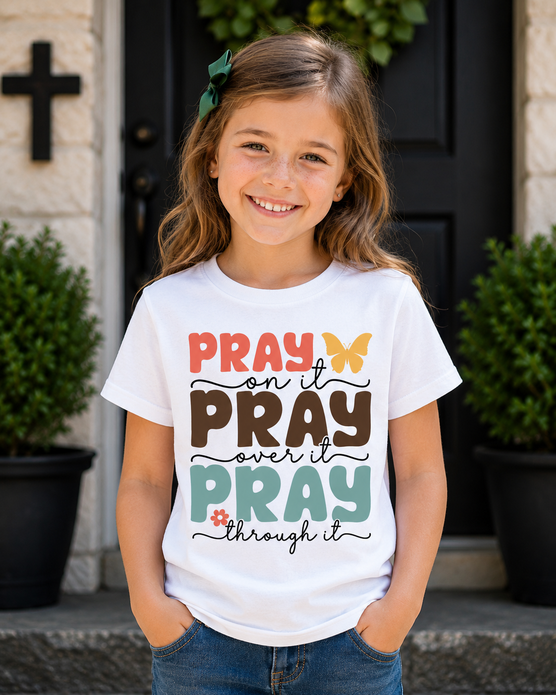 Pray On It, Pray Over It, Pray Through It Kids Christian Unisex T-Shirt for Boys and Girls