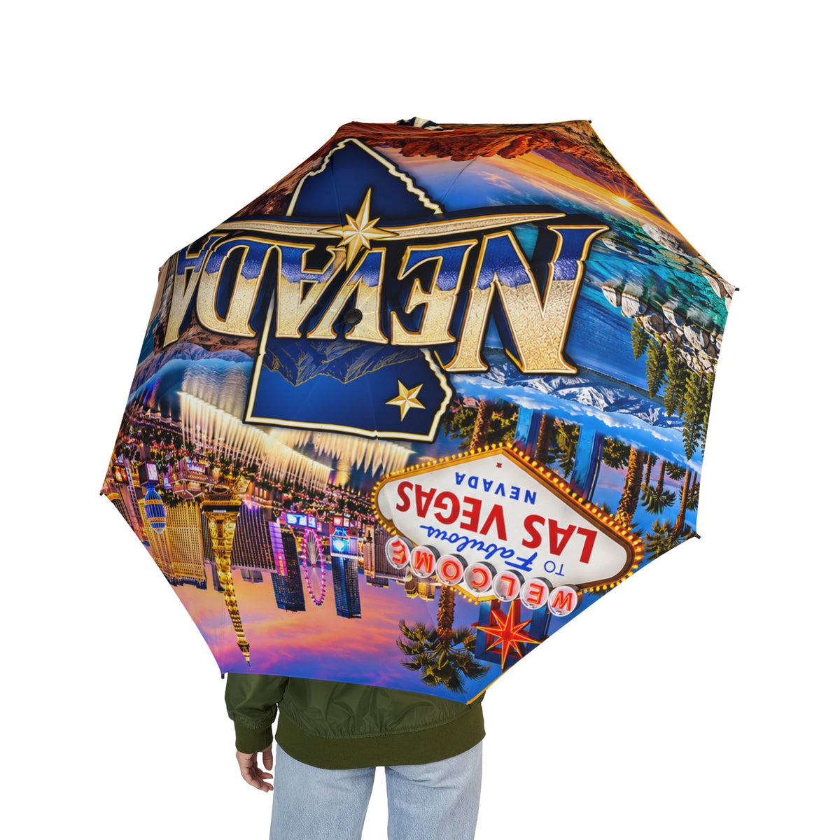 Las Vegas Foldable Umbrella – Semi‑Automatic Travel Rain Umbrella with Neon Sign Design