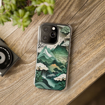 Emerald Mountain Serenity | 3D Paper-Cut Nature MagSafe® Impact Case for iPhone 14, 15, 16 & 17