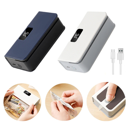 Portable bag sealer set with magnetic base, blue and white units, with USB cables