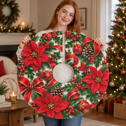 Christmas Tree Skirt – Red Poinsettias, Bells & Holiday Ornaments