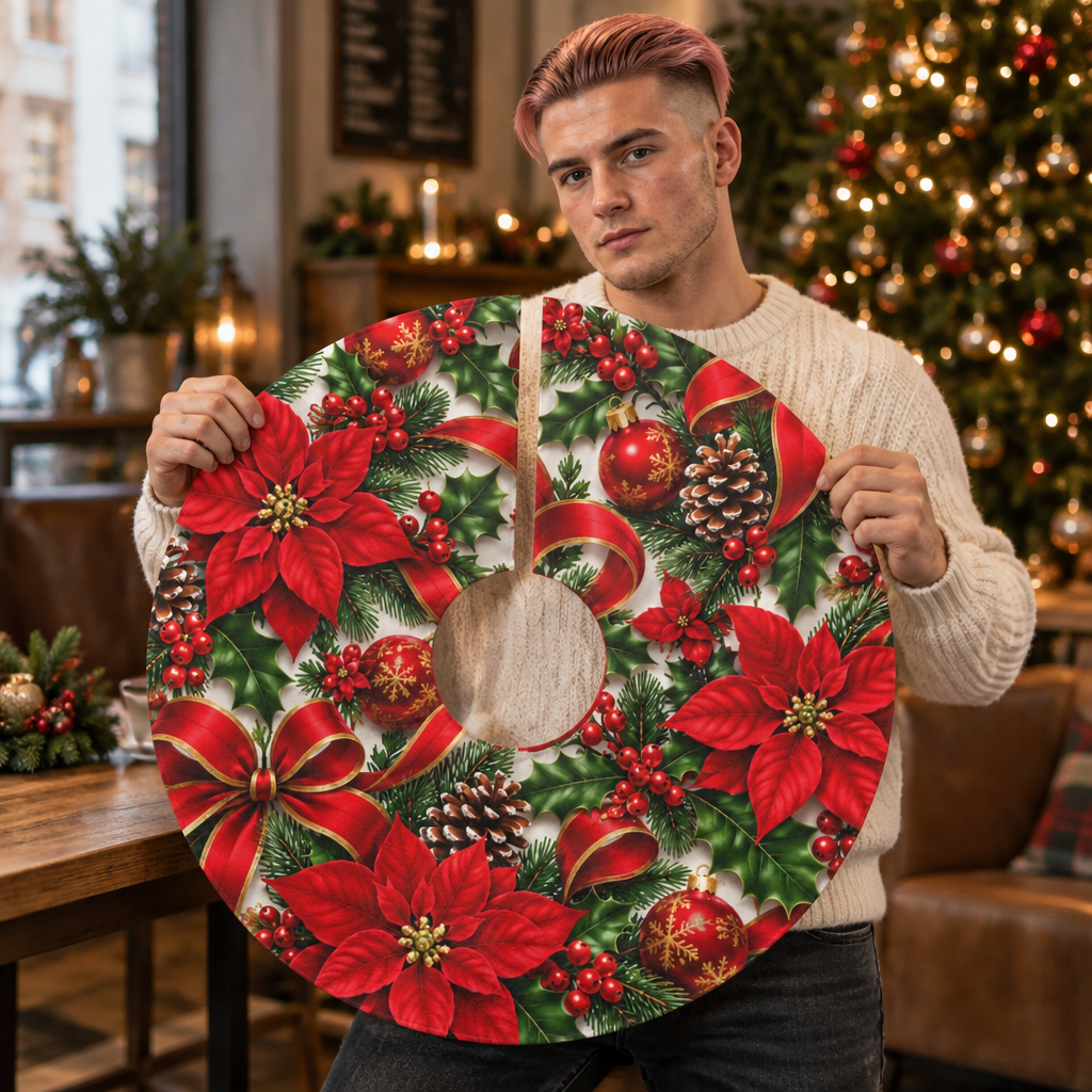 Christmas Tree Skirt – Red Poinsettias, Bells & Holiday Ornaments