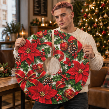 Christmas Tree Skirt – Red Poinsettias, Bells & Holiday Ornaments
