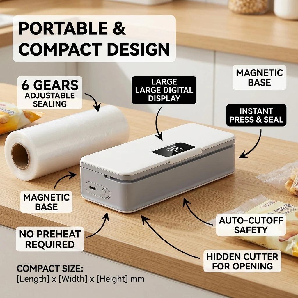 Compact portable bag sealer with black LED display and magnetic base on countertop