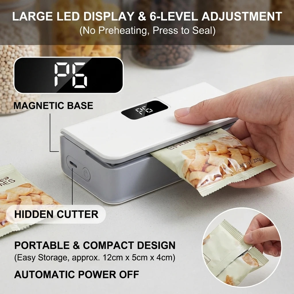 Portable bag sealer with black LED display; hand presses seal on snack bag