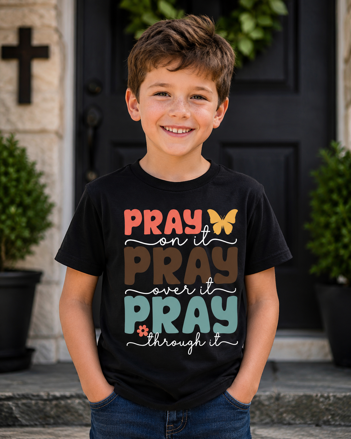 Pray On It, Pray Over It, Pray Through It Kids Christian Unisex T-Shirt for Boys and Girls