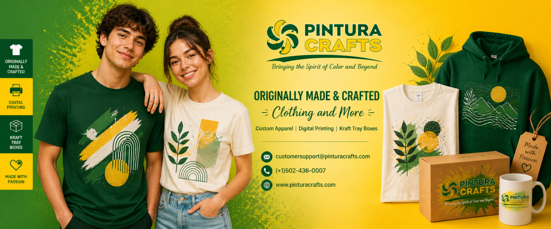 Two people wearing green and white t-shirts with Pintura Crafts branding, surrounded by branded merchandise on a yellow background.