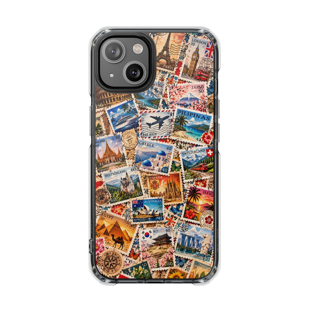 Around the World Vintage Postage Stamps | Travel Collage MagSafe® Impact Case for iPhone 14, 15, 16 & 17
