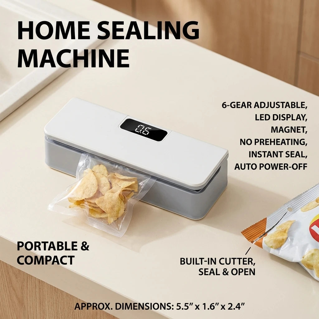 Portable bag sealer sealing snack bag with top LED control panel