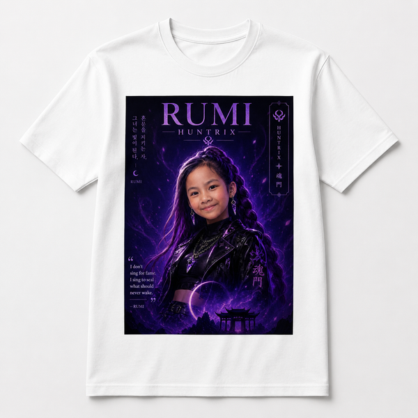 White Rumi Huntrix graphic T-shirt with purple warrior poster design on front