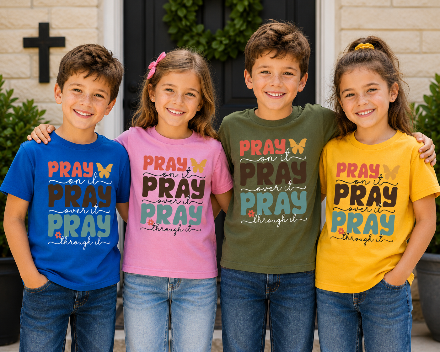 Pray On It, Pray Over It, Pray Through It Kids Christian Unisex T-Shirt for Boys and Girls