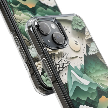 Emerald Mountain Serenity | 3D Paper-Cut Nature MagSafe® Impact Case for iPhone 14, 15, 16 & 17