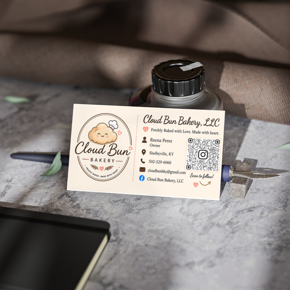 Bakery Business Cards — Cloud Bun Bakery Logo Card with QR Code