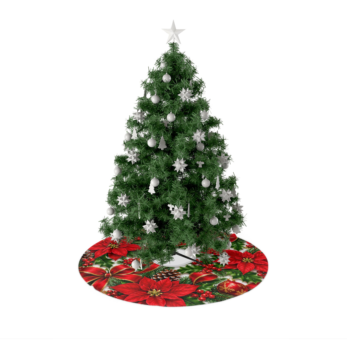 Christmas Tree Skirt – Red Poinsettias, Bells & Holiday Ornaments