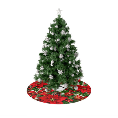 Christmas Tree Skirt – Red Poinsettias, Bells & Holiday Ornaments