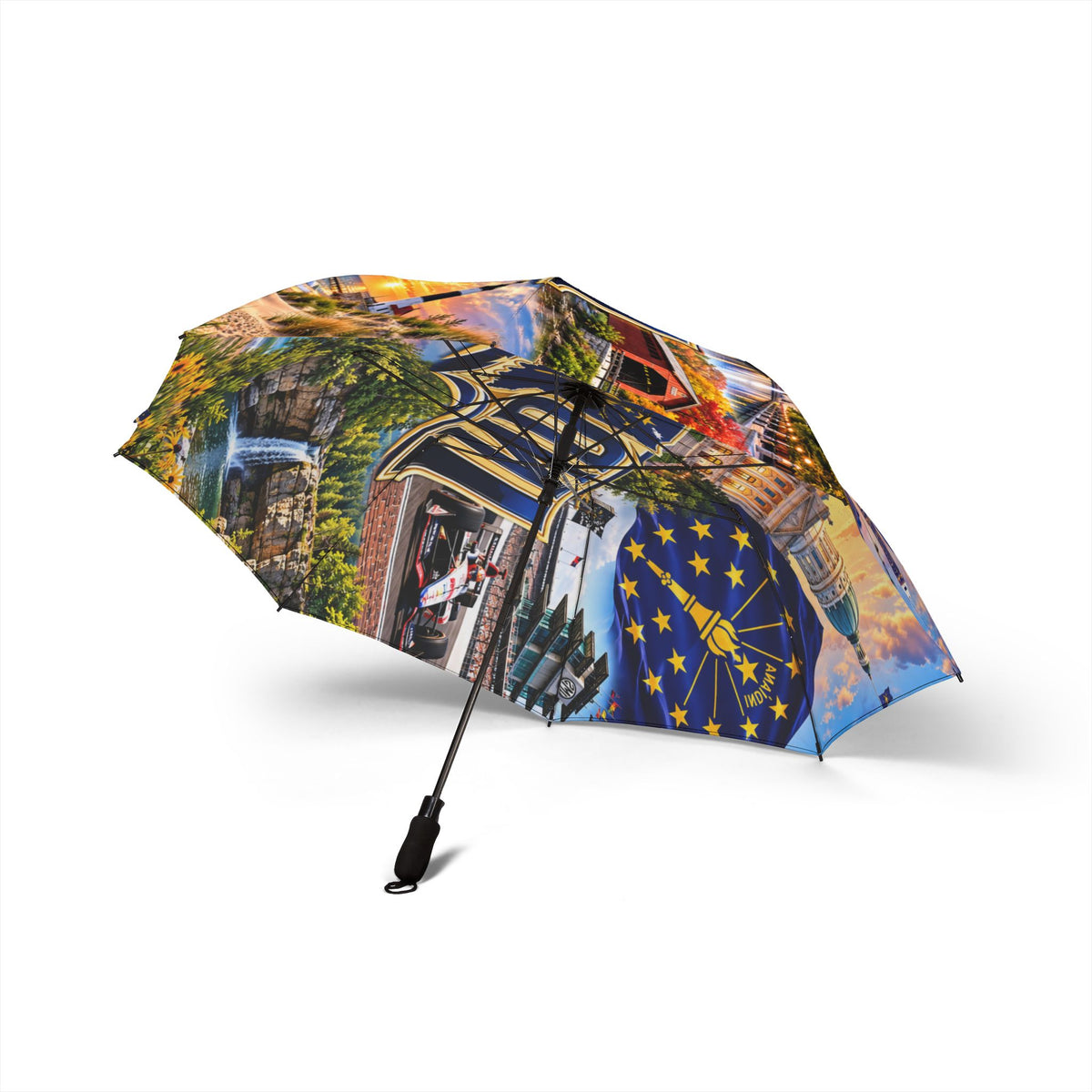 Indiana Skyline Foldable Umbrella — Semi-Automatic Travel Umbrella with State Seal and Cityscape Print