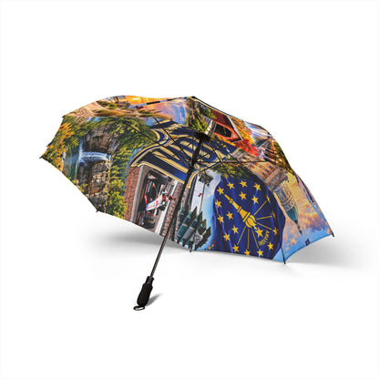 Indiana Skyline Foldable Umbrella — Semi-Automatic Travel Umbrella with State Seal and Cityscape Print