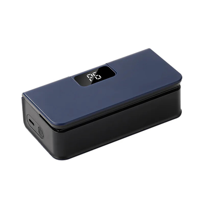 Portable bag sealer with dark blue top, black control window, and matte dark base