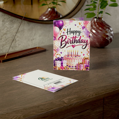 Happy Birthday Greeting Card with Balloons, Cake & Gifts