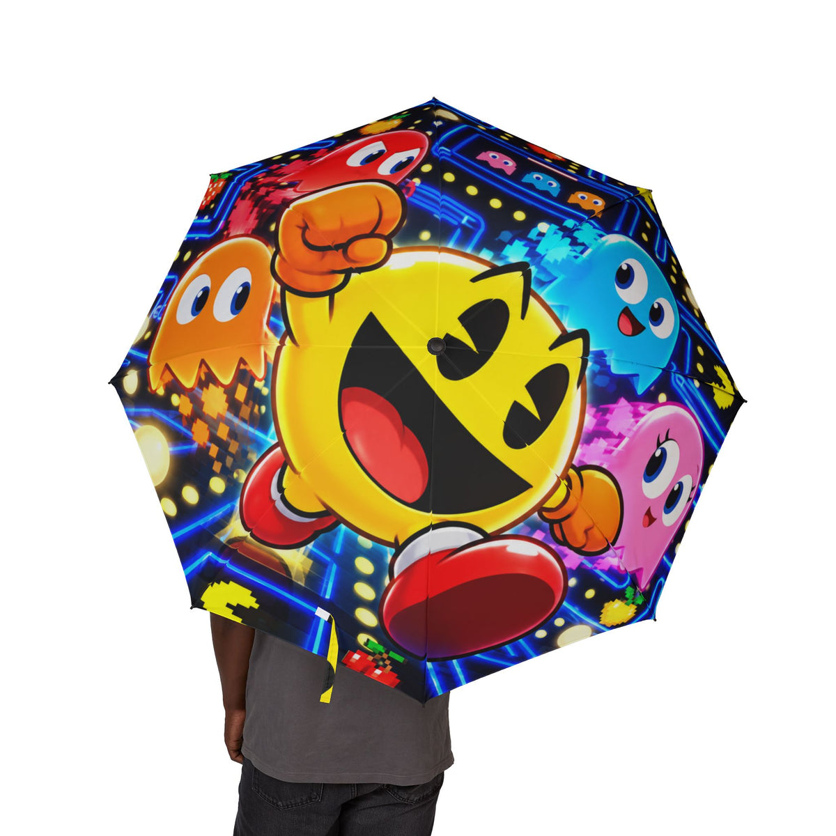 Pac-Man Arcade Characters Foldable Umbrella — Retro Gaming Rain Accessory