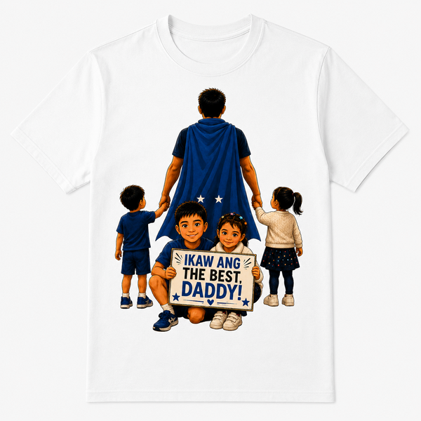 White T-shirt with father-and-children illustration and 'Best Daddy' text
